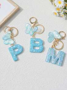 1pc Creative 26 Letter Key Chain, Kids Backpack Accessory, Butterfly Letter Charm Keychain For Girls - Light Blue - View 4