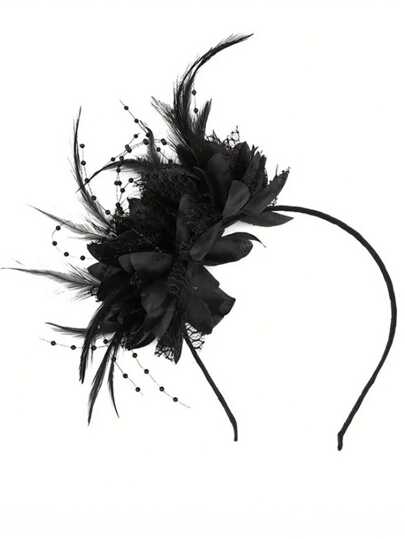 1pc Women Elegant Minimalist Solid Color Feather & Mesh Headband, Versatile Headpiece Suitable For Stage Performance, Wedding, Formal Occasions