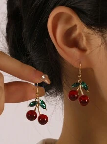 1pair Big Romantic Cherry Fruit Drop Earrings, Suitable For Daily Wear - Red - View 1