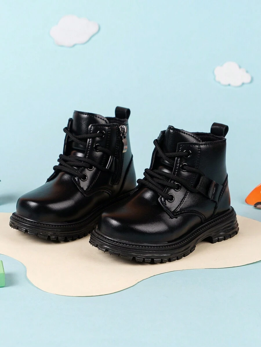 A Pair Of Unisex Baby Boots, Soft Soled Black And White Boots, Girls' Casual Boots, Boys' Leather Boots, Autumn And Winter Boots, Baby And Toddler Walking Shoes