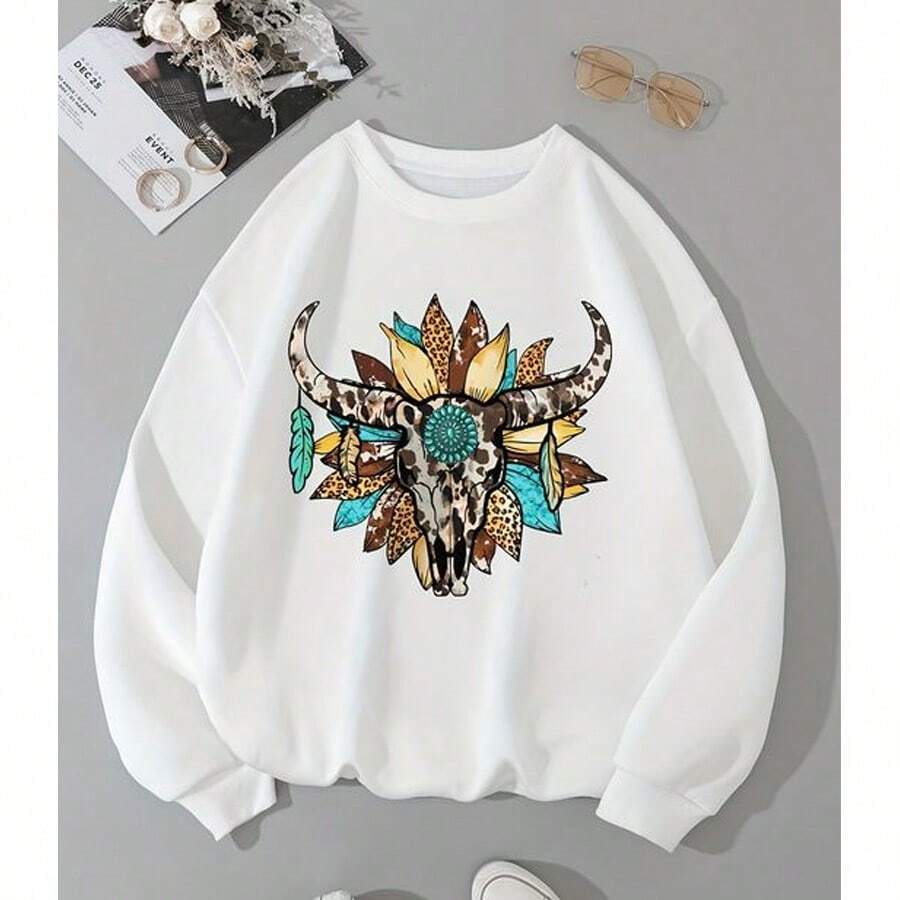 Vintage Women's Ox Head Round Neck Sweatshirt Winter Fashion - trắng - Xem 1