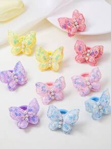 12pcs/Set Baby Girls' Candy Color Textured Sequin Pearl Butterfly Double-Layer Hairband Elastic Hair Ties For Daily Use - Multicolor - View 2