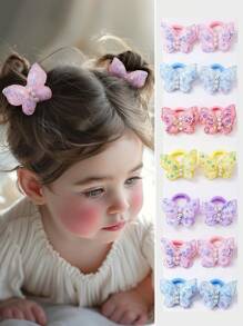 12pcs/Set Baby Girls' Candy Color Textured Sequin Pearl Butterfly Double-Layer Hairband Elastic Hair Ties For Daily Use - Multicolor - View 1