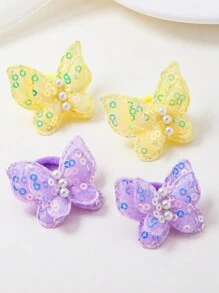 12pcs/Set Baby Girls' Candy Color Textured Sequin Pearl Butterfly Double-Layer Hairband Elastic Hair Ties For Daily Use - Multicolor - View 3