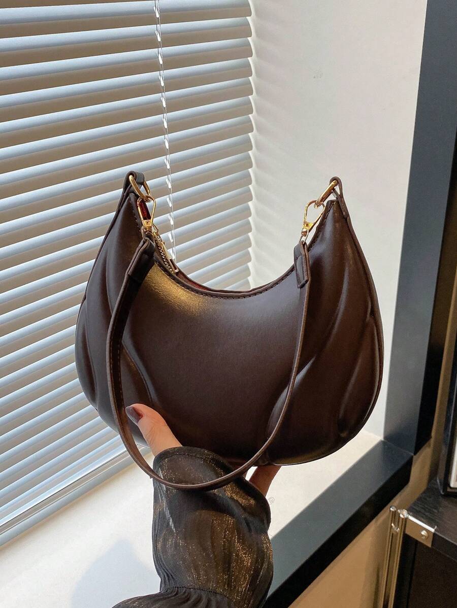 1pc Mini Crescent Handbag, Solid Color Acrylic Chain Decor, PU Material, Portable Elegant Zipper Shoulder Bag, Suitable For Girls Travel And Daily Use - Coffee Brown - View 1