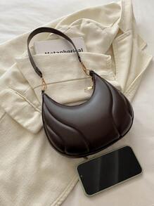 1pc Mini Crescent Handbag, Solid Color Acrylic Chain Decor, PU Material, Portable Elegant Zipper Shoulder Bag, Suitable For Girls Travel And Daily Use - Coffee Brown - View 4