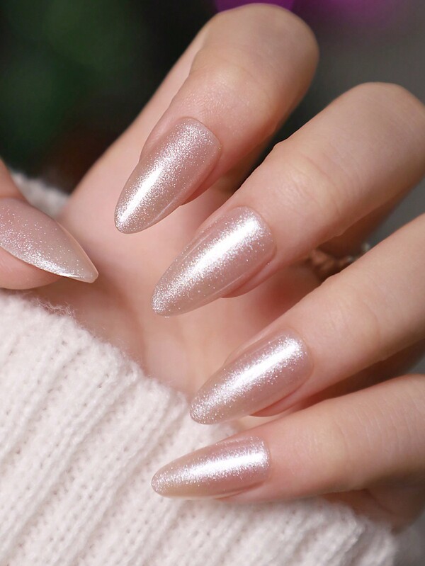 30 قطعة/مجموعة أظافر مستعارة بشكل اللوز متوسط إلى طويل، مطلية بمسحوق الماس اللامع بلون عاري، مناسبة للبنات والسيدات للارتداء اليومي، مع غراء جيلي 1 قطعة وشريط تلميع 1 قطعة من لوازم الأظافر