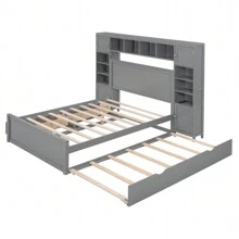 DlandHome 94'' Wood Bed, Solid Wood Bed With Multi-Functional Cabinets, Sockets, 4 Large Capacity Drawers Under The Bed, Full Storage Space