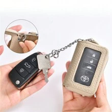 通用智慧鑰匙遙控器保護套 PU 皮革汽車鑰匙環鑰匙圈包 中性款，可客製化姓名縮寫禮品 - 杏色 - 查看 3