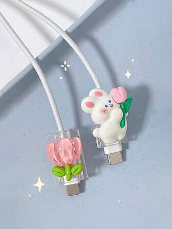 2pcs Flower Holding Rabbit Data Cable Protective Cover Cute Cartoon Sweetheart Anti-Breakage Cable Protector, Charger Protector