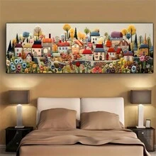 1 pièce Affiche sur canevas, Impression artistique sur canevas de ville de conte de fées - Décoration murale de style crème moderne pour salon, chambre à coucher, bureau à domicile - Peinture horizontale sans cadre Tableau mural Décoration à domicile