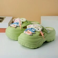 Dép bít mũi đế xuồng cho nữ, dép đi biển buộc dây thời trang bằng lưới thoáng khí chống trượt họa tiết hoạt hình, thích hợp mặc vào mùa xuân, hè và thu. - màu xanh lá - Xem 5