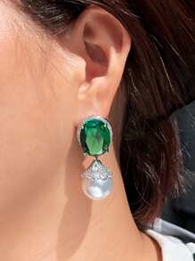 1 Pair Glamorous Big Oval Green Cubic Zirconia Luxury Long Dangling Drop Pearl Engagement Wedding Party Earrings For Women High-End Chunky Jewelry - Green - View 7