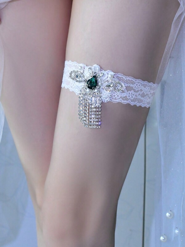 1 Stück grüner Strumpfhalter mit Diamant-Muster Spitze für die Braut, Sommer