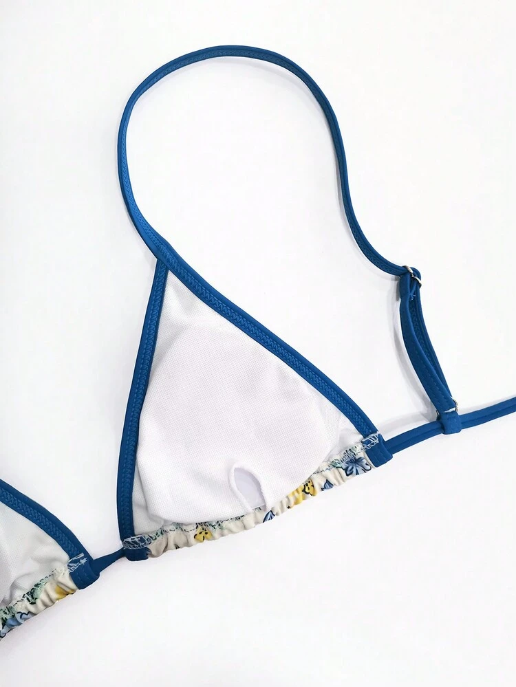 סט בגד ים ביקיני חמוד עם הדפס פרחוני לנשים, חוף קיץ - כחול - ראה 4