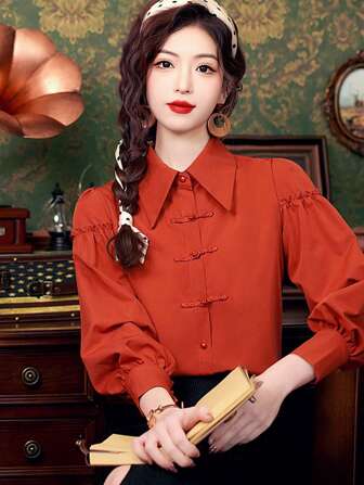 Chinese Style Retro Red Frog Button Unique Design Tang Suit Long Sleeve Top