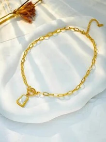 1pc Luxurious Stainless Steel Minimalist Retro Shell Pendant Necklace For Women, Short Style Sweater Chain, Block Shaped, Non-Fading Neck Accessory