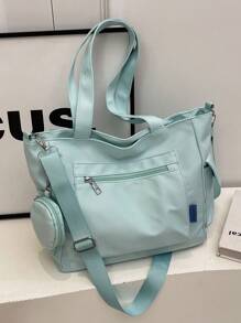 Bolso de tote de gran capacidad con monedero 1 pieza, nuevo estilo coreano, estilo universitario, mochila escolar para estudiantes de secundaria, bolso casual, bolso bandolera, bolso de lona, bolso transversal perfecto para la playa, la escuela, el trabajo y el uso diario, con múltiples compartimentos
