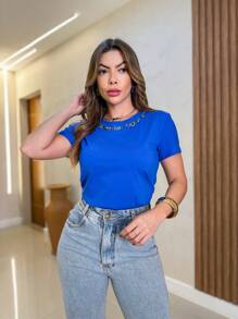 E-Star Women's Blouse Summer Fashion T-Shirt - Màu xanh lam - Xem 4