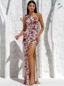 Beige Party Prom Dress With Flower Embroidery In Sequins One Shoulder With Cutout And High Slit At The Thigh - 米色 - 查看 1