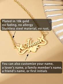 不锈钢蝴蝶和心形个性化名字项链，定制草书字体金色锁骨链项链，家庭节日礼物，适合情侣、家人和朋友、圣诞节和万圣节礼物 - 金色 - 查看 4
