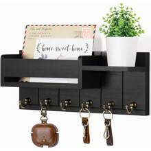 Soporte de pared para llaves: ganchos para llaves para decoración de pared de la sala de estar: perchero de llaves de madera y organizador de correo con estante para esenciales del hogar: decoración de entrada moderna estética para el hogar - 6 ganchos - Ver 1