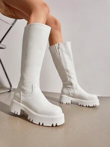 Knee High Boots Women, Comfortable Platform Round-Toe Side Zip Boots For Women - 白色 - 查看 1