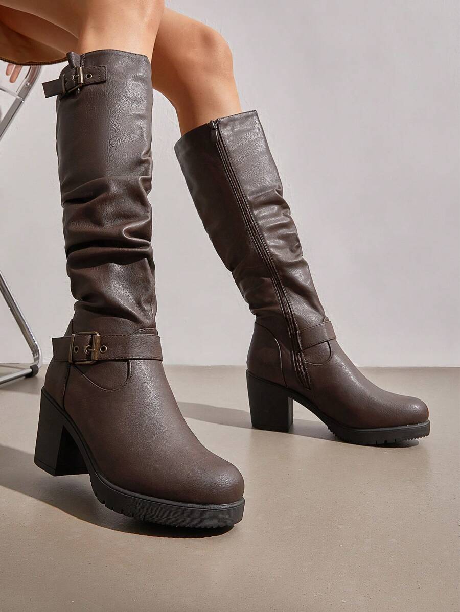 Women's Black Stylish Chunky Heel Knee High Fur Lining Warm Boots - màu nâu - Xem 1