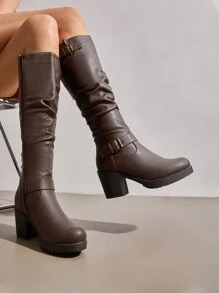 Women's Black Stylish Chunky Heel Knee High Fur Lining Warm Boots - màu nâu - Xem 2