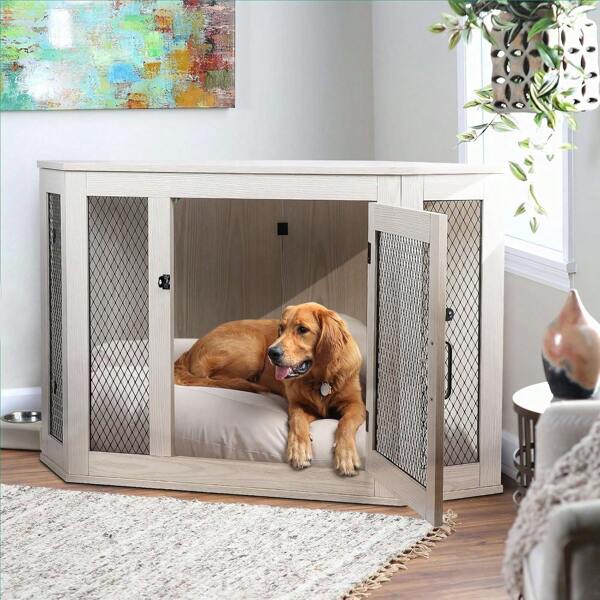 VITESSE Corner Dog Crate Furniture, 44Inch Wooden Dog Kennel End Table With Mesh, Decorative Pet Crate Dog House For Large/Medium/Small Dog Indoor Use