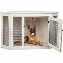 Corner Dog Crate Furniture, 44Inch Wooden Dog Kennel End Table With Mesh, Decorative Pet Crate Dog House For Large/Medium/Small Dog Indoor Use - White(23.6"L x 44.0"W x 26.4"H) - View 3