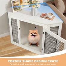 Corner Dog Crate Furniture, 44Inch Wooden Dog Kennel End Table With Mesh, Decorative Pet Crate Dog House For Large/Medium/Small Dog Indoor Use - White(23.6"L x 44.0"W x 26.4"H) - View 2