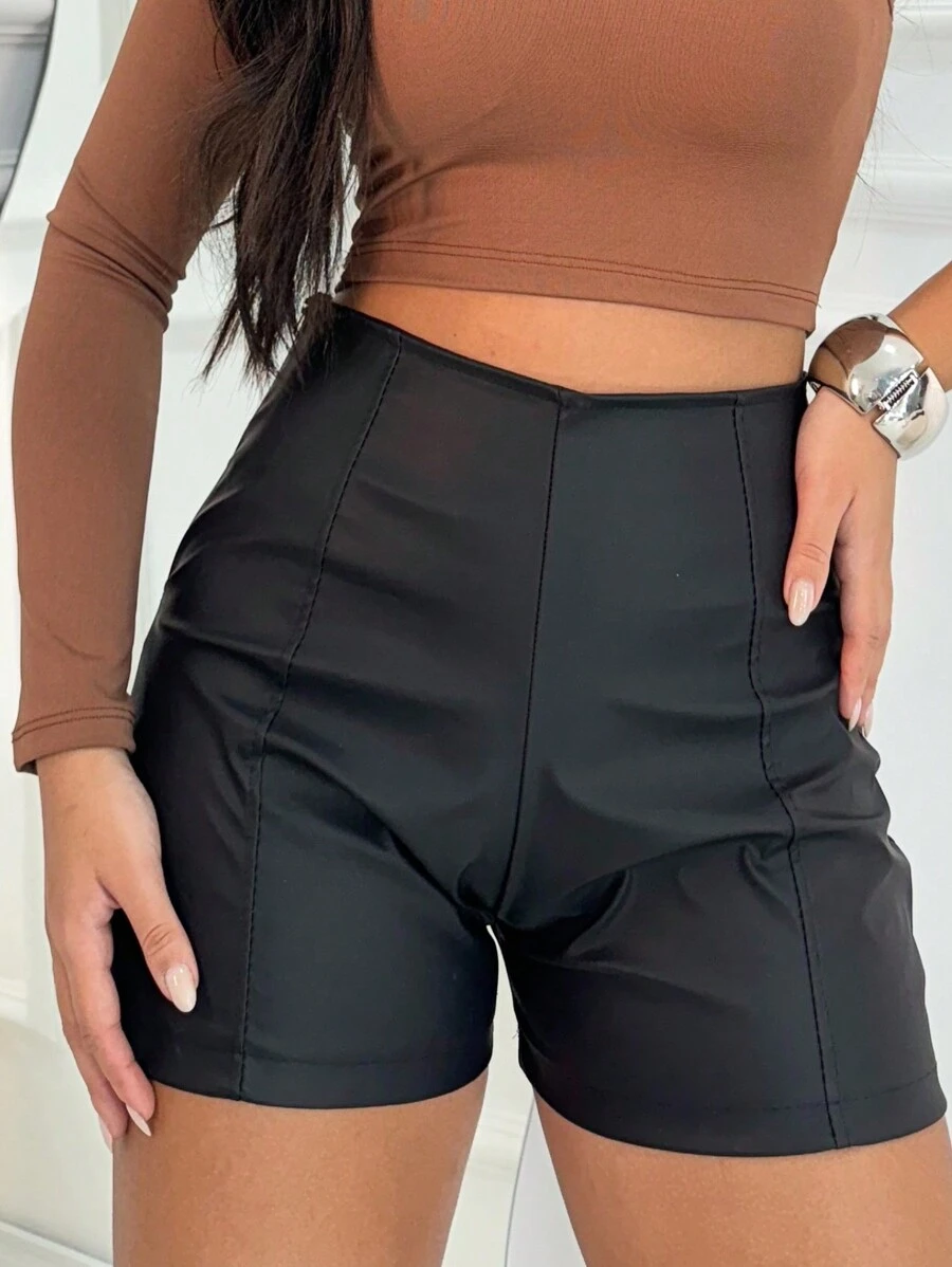 Women's Short Shorts With Fake Leather Zipper Modeling Blogger Moda Gringa - màu đen - Xem 1