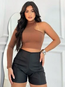 Women's Short Shorts With Fake Leather Zipper Modeling Blogger Moda Gringa - màu đen - Xem 3