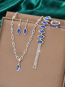 5 Cái/bộ Bộ Trang Sức Cưới Đính Kim Cương Giả Thời Trang - Vòng Cổ, Bông Tai, Vòng Tay, Nhẫn Cho Nữ - Bạc - Xem 3