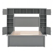 DlandHome 94'' Wood Bed, Solid Wood Bed With Multi-Functional Cabinets, Sockets, 4 Large Capacity Drawers Under The Bed, Full Storage Space