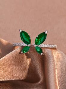 1pc Fashionable Cubic Zirconia Butterfly Adjustable Ring For Women - Green Platinum Plated - View 2