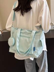 Bolso de tote de gran capacidad con monedero 1 pieza, nuevo estilo coreano, estilo universitario, mochila escolar para estudiantes de secundaria, bolso casual, bolso bandolera, bolso de lona, bolso transversal perfecto para la playa, la escuela, el trabajo y el uso diario, con múltiples compartimentos