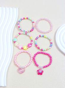 6pcs Girls' Lovely Flower & Heart Shaped Pendant Beaded Charm Bracelets Set For Daily Wear (Color Random)