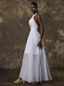 White Chiffon Hollow Out Halter Backless A-Line Pleated Dress - White - View 6