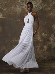 White Chiffon Hollow Out Halter Backless A-Line Pleated Dress - White - View 3