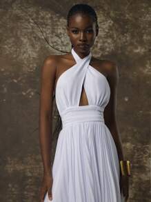 White Chiffon Hollow Out Halter Backless A-Line Pleated Dress - White - View 8