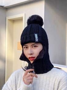 Neue Wolle gestrickte Mütze für Damen Herbst Winter warm dick Ohrenklappen Beanie Mütze, koreanischer Stil, thermisch gefüttert, Buchstaben- und Streifenmuster, Lässig, elegant, retro, Street-Style - Hut - Übersicht 4