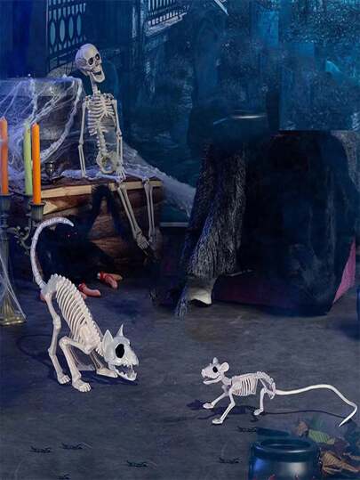 Movable Plastic Skeleton Cat & Mouse Decoration For Halloween, Indoor Ghost Scene, Graveyard, Haunted House Party, Gift