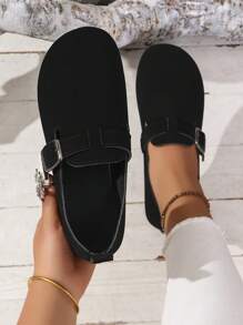 夏季新款罗马风格凉鞋，休闲学院风，简约而时尚，包头，平跟，加大码 - 黑色 - 查看 1