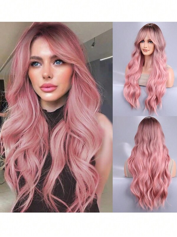 Peluca sintética de fibra resistente al calor, con flequillo recto y ondas largas de color rosa, estilosa para uso diario y de fiesta (28pulgadas)