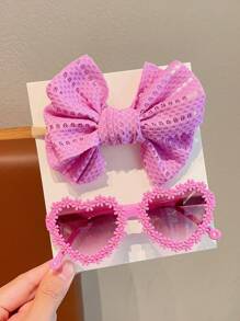 2/4pcs New Cute Solid Color Bowknot Headband Flower Heart Children Fashion Fashion Glasses Sun Protection Eye Protection Glasses For Baby Boys And Girls - Sunglasses+Headband - View 5