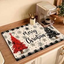 1 件圣诞印花咖啡吧垫、排水垫、硅胶咖啡机排水垫、软橡胶排水垫、防滑、超吸水且耐用的碗碟干燥垫，适用于台面、餐厅、厨房桌子、露台餐厅、家庭厨房装饰、圣诞桌面装饰
