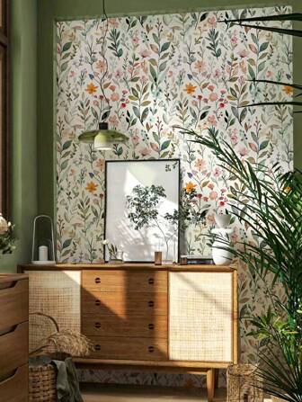 1 Roll Fresh Floral & Plant Print Waterproof & Moistureproof Peel And Stick Wallpaper, French Romantic Ditsy Flower Detachable Wallpaper For Bedroom, Living Room, Accent Wall, Furniture Refurbishing, Cabinet, Desk, Flower Mural Sticker, Available In White/Black/Green, Size 44*300/500/1000cm