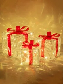 Set Of 3 Christmas 60 LED Lighted Gift Boxes, Transparent Warm White Lighted Christmas Box Decor, Presents Boxes With Red Bows For Christmas Tree, Yard, Home, Christmas Decorations
